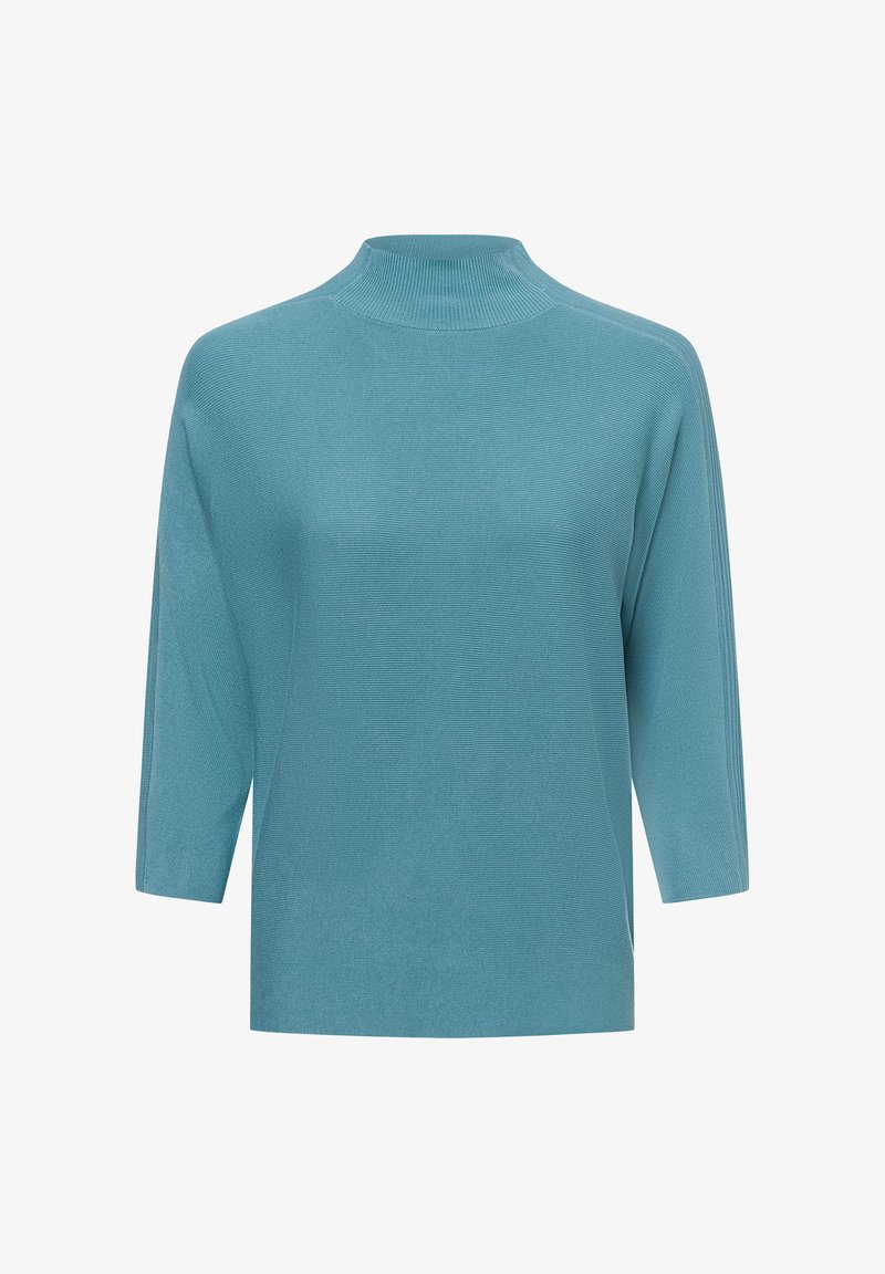 Türkiser oversized Pullover mit hohem Kragen, 3/4-Ärmeln und geripptem Muster, ausgestattet mit seitlichen Schlitzen für optimale Bewegungsfreiheit.