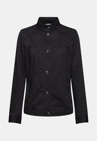 Czarna kurtka z denimu z kołnierzykiem, zapinana na guziki z przodu, z bocznymi kieszeniami. Charakteryzuje się dopasowanym krojem i subtelnym zdobieniem szwami.