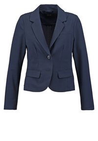 Námořnický modrý blejzr vyrobený z hladké tkaniny, s jedním knoflíkovým zapínáním, s klopami a dvěma předními kapsami.