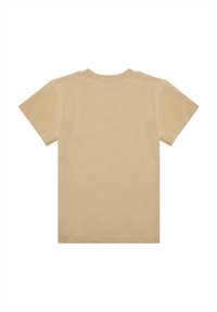 Beige Baumwoll-T-Shirt mit kurzen Ärmeln, Rundhalsausschnitt und einem schlichten Design. Glatte Textur ohne sichtbare Grafiken oder Muster.