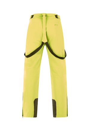 Vihreät vedenpitävät housut, joissa on ruskeita yksityiskohtia. Varustettu säädettävillä hihnoilla, vetoketjullisilla sivutuulettimilla ja suoralla leikkauksella.