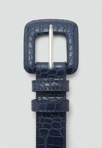 Navy blue leather belt with a crocodile texture, featuring a square metal buckle and two adjustable loops for securing the strap.