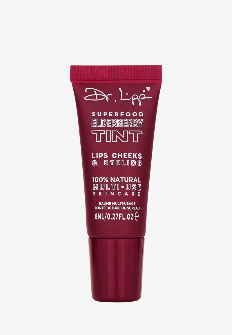 Tubo di tinta di sambuco superfood Dr. Lipp in bordeaux, con testo bianco, corpo spremibile e tappo a vite. Capacità di 8 ml. Prodotto multifunzionale.