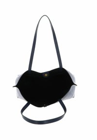 Sac à main en cuir bleu au toucher doux, avec un design à ouvert en haut et une fermeture à pression dorée. L'intérieur est noir, avec deux bands plates.