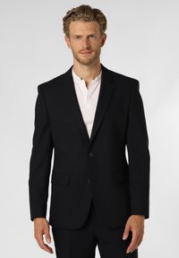 Black tailored suit jacket made of smooth fabric, featuring a single button closure, notched lapels, and two front pockets.