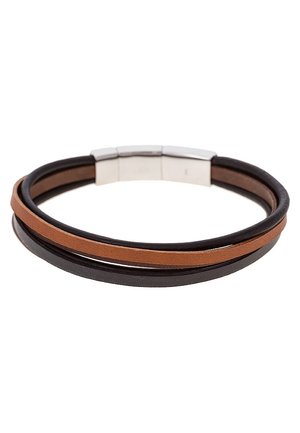 Triple-strand leather bracelet with two black strands, one brown strand, and a silver metal magnetic clasp.