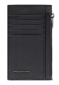 Zwarte leren portemonnee met meerdere kaartsleuven, een vak met ritssluiting en een getextureerd oppervlak. Merkenlogo geperst op de voorkant.