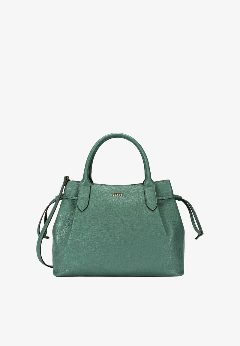 Sac à main en cuir vert texturé avec double poignée, bandoulière et logo de marque doré centré sur le devant.