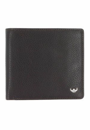 Black textured leather bi-fold wallet with a small silver logo emblem in the bottom right corner against a white background.