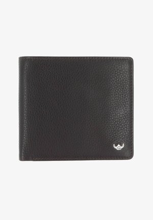 Black textured leather bi-fold wallet with a small silver logo emblem in the bottom right corner against a white background.