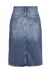 Jupe en denim de longueur mi-longue en bleu clair, avec une couture centrale au dos, deux poches arrière et une fermeture à bouton classique à la taille.