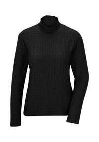 Schwarzer langärmeliger strukturierter Rollkragenpullover mit leicht gerafftem Kragen und taillierter Silhouette.