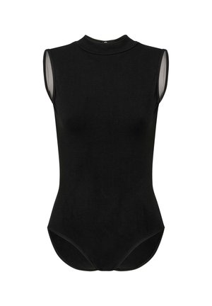 Schwarzer ärmelloser Bodysuit mit hohem Kragen, glattem Stoff, enganliegendem Design und Rückenverschluss. Bietet eine klare, schlichte Silhouette.