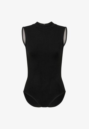 Schwarzer ärmelloser Bodysuit mit hohem Kragen, glattem Stoff, enganliegendem Design und Rückenverschluss. Bietet eine klare, schlichte Silhouette.