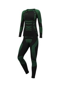 Black activewear set with long sleeves and leggings. Features green accents and textured patterns, designed for athletic performance.