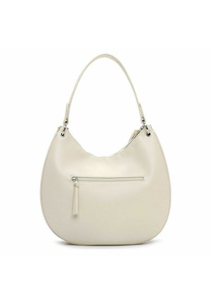 Sac à main en cuir texturé couleur crème avec une bandoulière unique et une poche zippée à l'avant avec un gland en tirette.