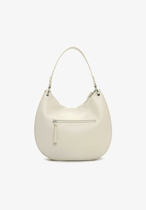 Sac à main en cuir texturé couleur crème avec une bandoulière unique et une poche zippée à l'avant avec un gland en tirette.