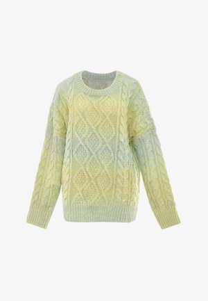 Pale zöld színű, kábelmintás pulóver, gyémánt és kábelmintázattal. Kerek nyakkal és bordás aljú, illetve bordás mandzsettával rendelkezik. Puha tapintású.