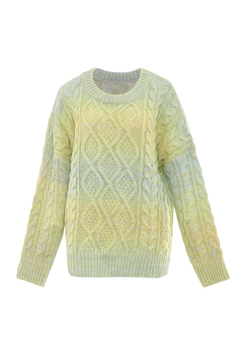 Maglione lavorato a maglia a trecce di colore verde pallido con motivi a rombi e a trecce. Presenta un collo rotondo e orli a coste. Texture morbida.