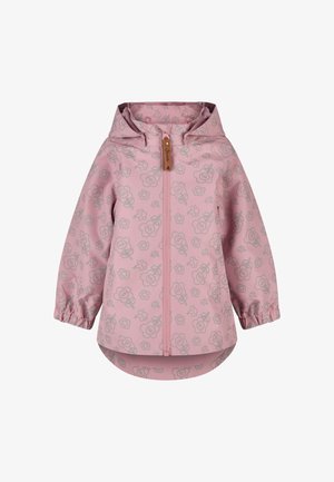 Rosa Kinder-Regenjacke mit Kapuze, grauen Blumenmustern und Vorderreißverschluss mit Lederzuglasche.