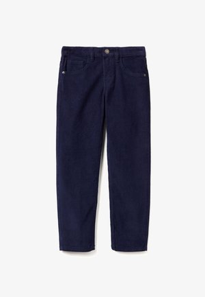 Pantaloni in corduroy blu navy con gamba dritta, dotati di tasche frontali, chiusura con bottone e una texture sottile data dal tessuto rigato.