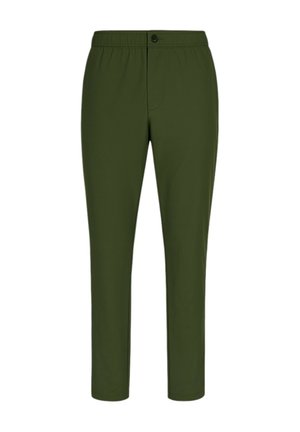 Pantaloni verde oliva con vita elasticizzata, chiusura con bottone e texture liscia; design affusolato senza pattern o accenti visibili.