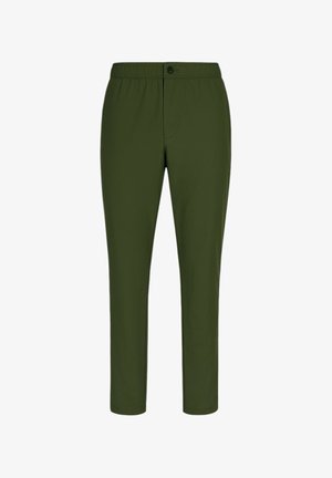 Pantaloni verde oliva con vita elasticizzata, chiusura con bottone e texture liscia; design affusolato senza pattern o accenti visibili.