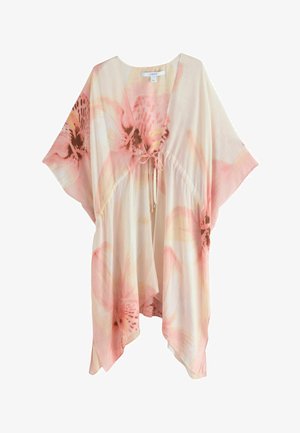 Caftan larg, roz deschis și crem cu imprimeu floral, mâneci largi și închidere cu fundă în față, având imprimeuri mari cu flori moi.