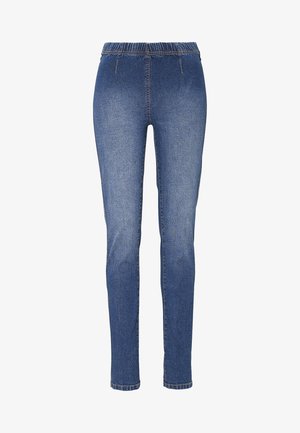 Vaatehousut vaaleansinisestä denimistä, joissa on joustava vyötärö, kapea malli ja sileä pinta. Niissä on samanväristä ompelua ja ei näkyviä taskuja.