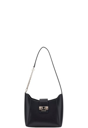 Zwarte leren schoudertas met een gebogen vorm, voorzien van een goudkleurige sluiting en een kettingaccent strap. Gladde textuur met een minimalistisch ontwerp.