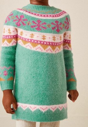 Gestricktes türkisfarbenes Pulloverkleid mit mehrfarbigen geometrischen Mustern, darunter Schneeflocken, Streifen sowie einem gerippten Ausschnitt und Bündchen.