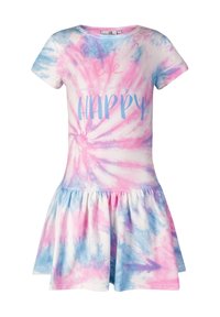 Sukienka w stylu tie-dye z różowymi i niebieskimi wirami, krótkimi rękawami, okrągłym dekoltem i marszczoną spódnicą. Z przodu znajduje się tekst "Bądź SZCZĘŚLIWY."