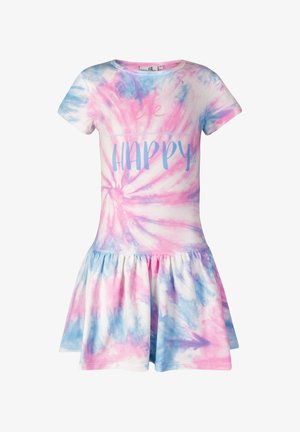 Sukienka w stylu tie-dye z różowymi i niebieskimi wirami, krótkimi rękawami, okrągłym dekoltem i marszczoną spódnicą. Z przodu znajduje się tekst "Bądź SZCZĘŚLIWY."