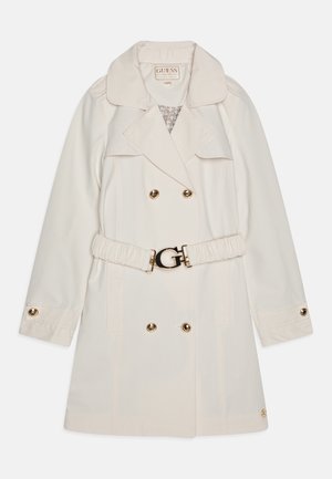 Beige trench coat made of lightweight fabric, featuring a double-breasted design, gold-tone buttons, and a belted waist with a logo accent.
