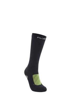 Chaussette noire mi-mollet avec une zone rembourrée verte sur le dessus du pied et un texte blanc "FLOKY" près du bord.