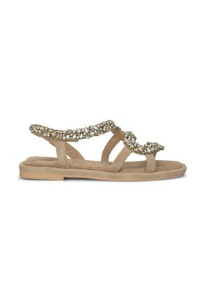 Sandali marrone chiaro con tre cinghie e una parte superiore adornata di gioielli. Materiale in morbido suede, suola piatta, impreziositi con pietre traslucide e accenti.