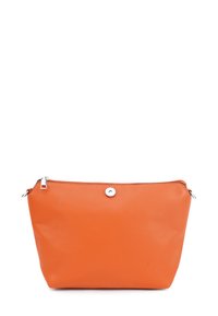 Orangenes Leder-Etui mit strukturierten Oberflächen, Reißverschluss und silbernem Knopfakzent. Hat eine konische Form, ideal für kleine Gegenstände.