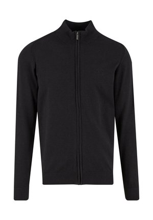 Schwarze Strickjacke mit durchgehendem Reißverschluss, geripptem Kragen, Bündchen und Saum, mit dezentem besticktem Logo auf der linken Brust.
