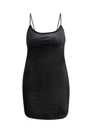 Sort, ærmeløs mini kjole med en glat, skinnende overflade. Har tynde, kædelignende stropper med en subtil metallisk glans.