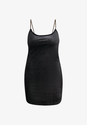 Fekete, ujjatlan mini ruha sima, fényes textúrával. Vékony, lánchoz hasonló pántokkal rendelkezik, amelyek diszkrét fémes csillogást adnak.