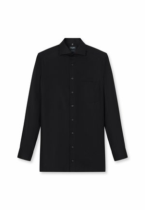 Chemise noire à manches longues en tissu lisse, dotée d'un col classique, de boutons sur le devant et d'une poche poitrine.