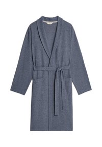 Robe grigia con texture, colletto a scialle, maniche lunghe, tasche frontali e cintura abbinata. Adatta per l'abbigliamento da casa.