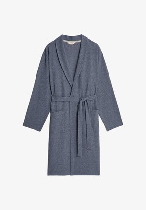 Szara, teksturowana szata z kołnierzem w stylu szala, długimi rękawami, kieszeniami z przodu i odpowiadającym paskiem do wiązania. Idealna do noszenia w domu.