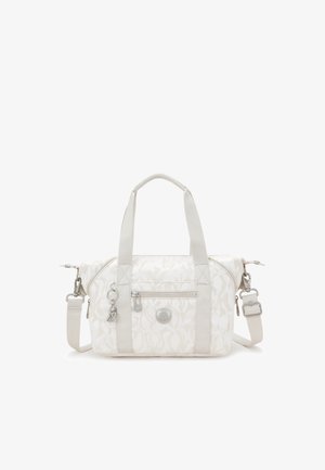 White patterned bag with fabric exterior, dual top handles, adjustable shoulder strap, zippered front pocket, and silver-tone accents.
