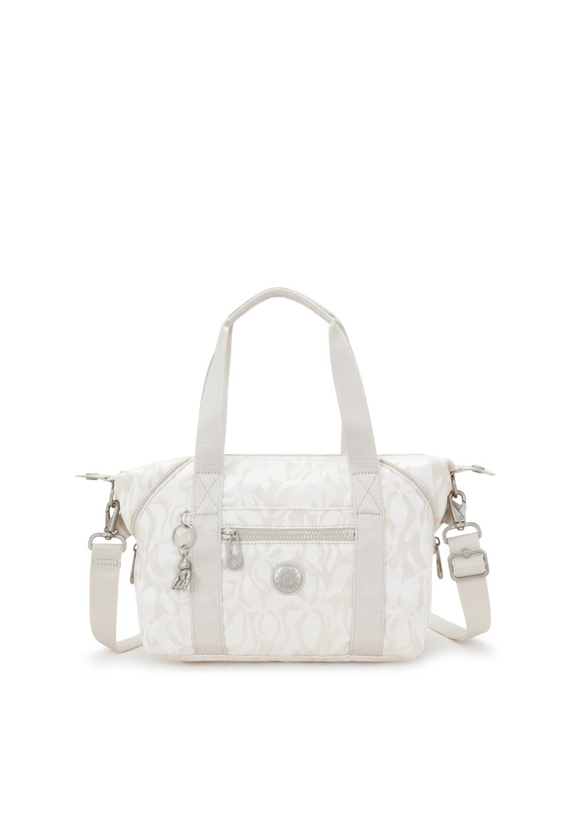 Borsa bianca con motivo, esterno in tessuto, doppi manici superiori, tracolla regolabile, tasca frontale con zip e dettagli in tono argento.