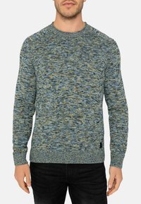 Maglione in a maglia testurizzata con tonalità di blu, verde e giallo. Presenta un collo rotondo e polsini e orlo a coste. Vestibilità standard.