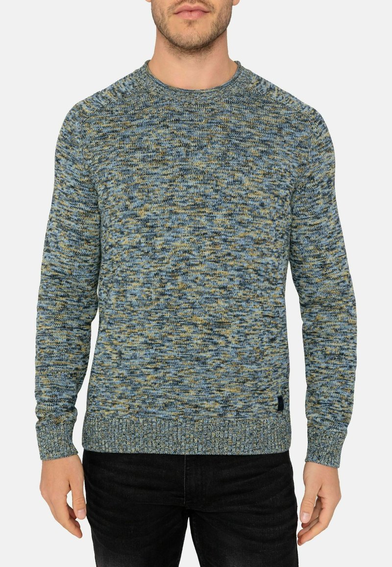 Maglione in a maglia testurizzata con tonalità di blu, verde e giallo. Presenta un collo rotondo e polsini e orlo a coste. Vestibilità standard.