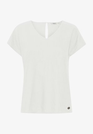 White short-sleeve top with a V-neck and a small keyhole cutout at the back. Smooth fabric with a subtle texture. Features a logo accent at the bottom.