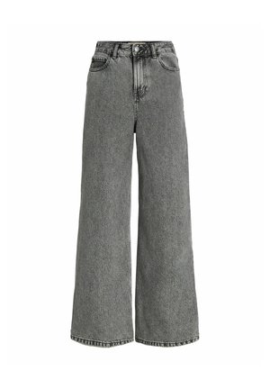 Hoch taillierte, weit geschnittene graue Denim-Jeans mit Fronttaschen, Gürtelschlaufen und Knopf- sowie Reißverschluss.