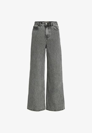 Jean en denim gris taille haute à jambes larges, avec poches avant, passants pour ceinture et fermeture par bouton et zip.
